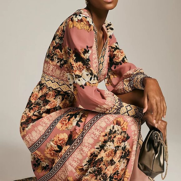 Anthropologie Vineet Bahl Embroidered Long Sleeve Rose Print Dress - Picture 3 of 8